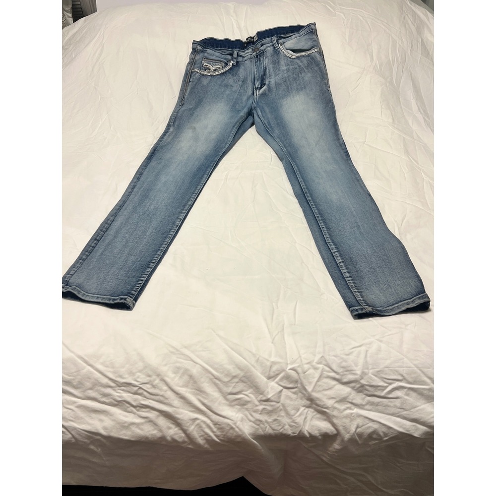 Blue Cult Mens 34 Embroidered Fleur De Lis Heavy Stitch Straight Leg Jeans Blue